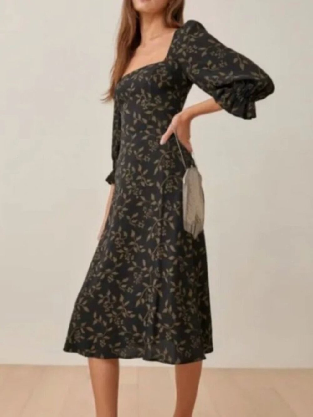 Reformation Enid Dress Carob Floral Size 2 Smocked Back Puff Sleeve Midi